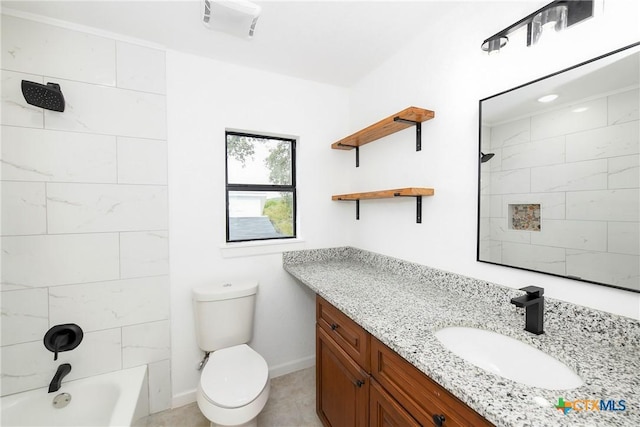 full bathroom with vanity, washtub / shower combination, visible vents, baseboards, and toilet