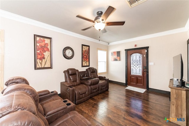 235 Gray St, San Antonio, TX 78208 - living area featuring a ceiling fan, crown molding, wood finished floors, and baseboards