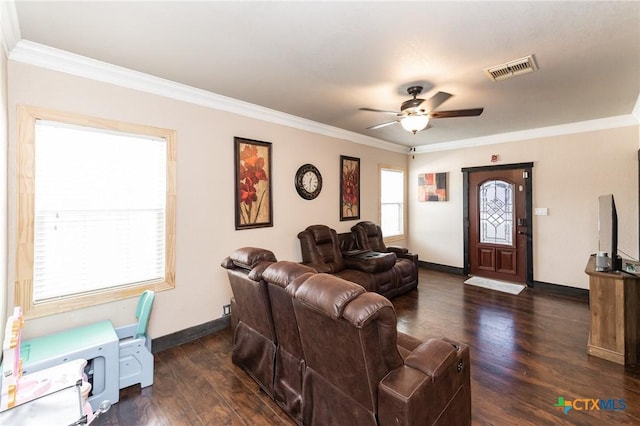 235 Gray St, San Antonio, TX 78208 - living area featuring crown molding, a ceiling fan, dark wood-style floors, and baseboards