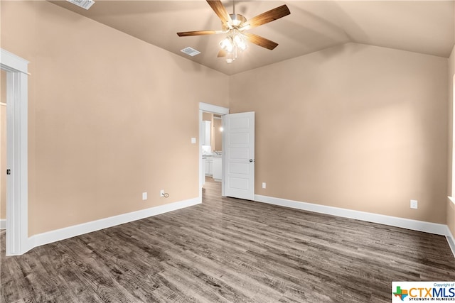 unfurnished bedroom with ceiling fan, wood-type flooring, and lofted ceiling