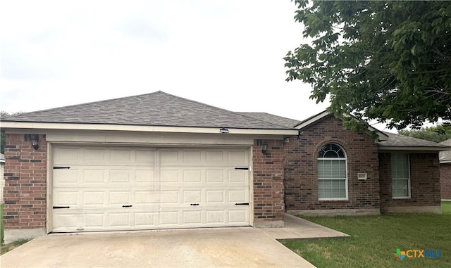 ranch-style home featuring brick siding, driveway, a shingled roof, and a garage