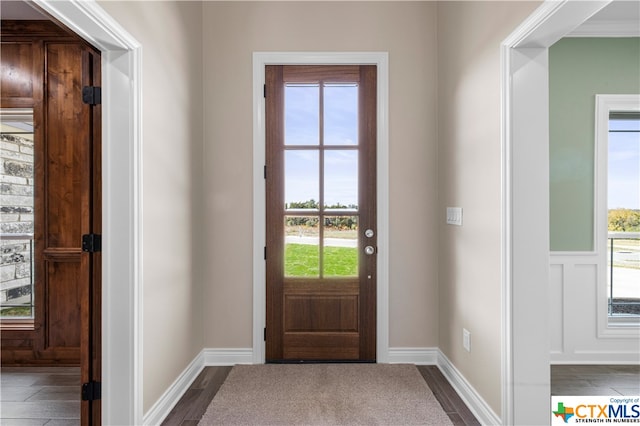 doorway featuring wood-type flooring, a healthy amount of sunlight, and crown molding