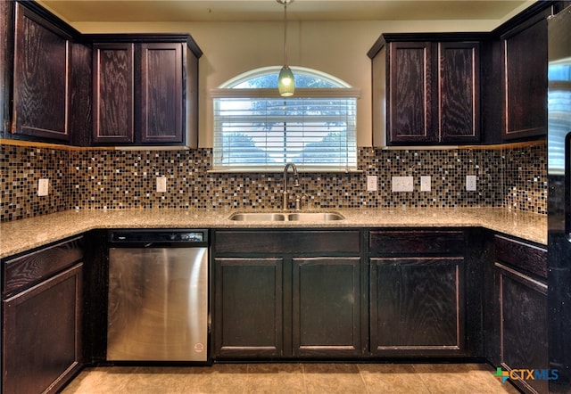 kitchen with dark brown cabinets, sink, backsplash, and dishwasher