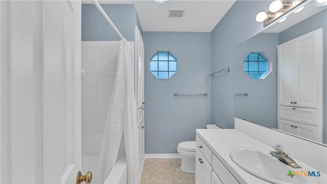 full bathroom with vanity, toilet, and shower / bath combo with shower curtain