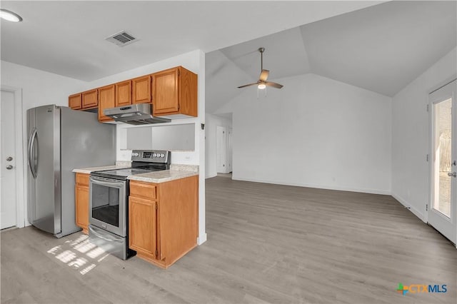 kitchen with ceiling fan, light hardwood / wood-style floors, lofted ceiling, and stainless steel appliances