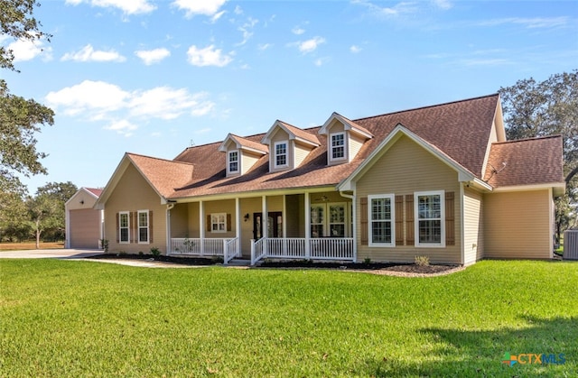 55 Post Oak Bnd, Inez, TX 77968 - cape cod-style house featuring a porch, central AC unit, a front lawn, and roof with shingles