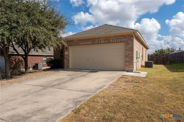 exterior space featuring central air condition unit, brick siding, fence, concrete driveway, and a front lawn