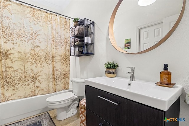 full bathroom with vanity, toilet, and shower / bath combo with shower curtain