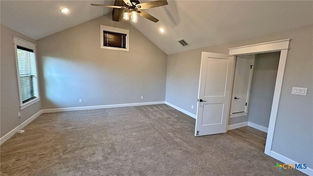1026 County Road 3152, Kempner, TX 76539 - unfurnished bedroom featuring carpet flooring, vaulted ceiling, baseboards, a ceiling fan, and recessed lighting