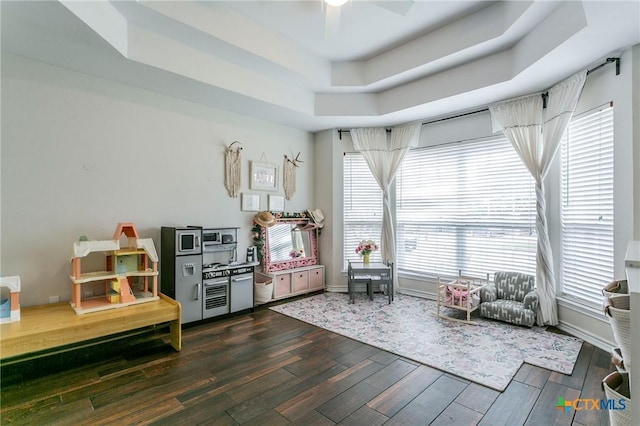 recreation room with a tray ceiling, ceiling fan, and dark hardwood / wood-style flooring