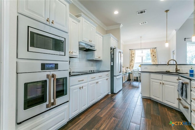 kitchen featuring appliances with stainless steel finishes, sink, decorative light fixtures, dark hardwood / wood-style floors, and white cabinetry