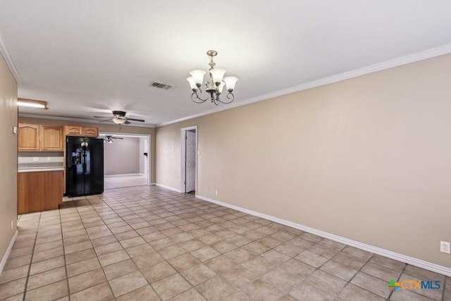 kitchen featuring hanging light fixtures, light tile patterned floors, ceiling fan with notable chandelier, ornamental molding, and black refrigerator with ice dispenser