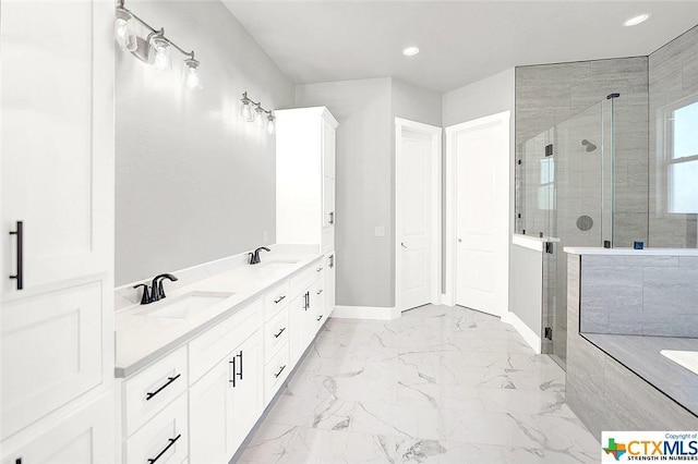 105 Hondo Rdg, La Vernia, TX 78121 - full bathroom featuring a shower stall, marble finish flooring, a garden tub, baseboards, and recessed lighting