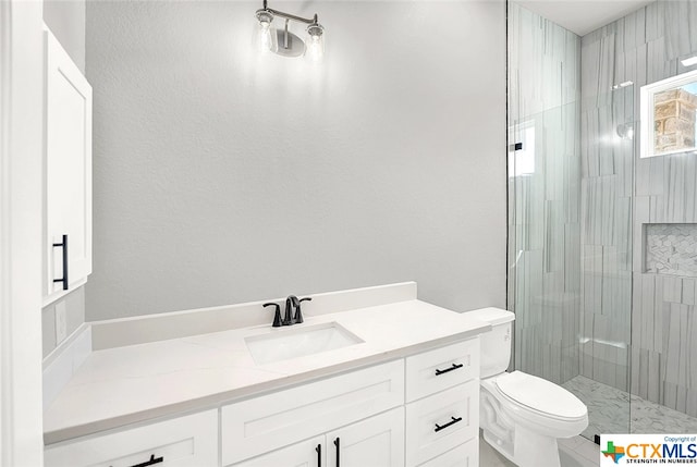 bathroom featuring toilet, vanity, and walk in shower