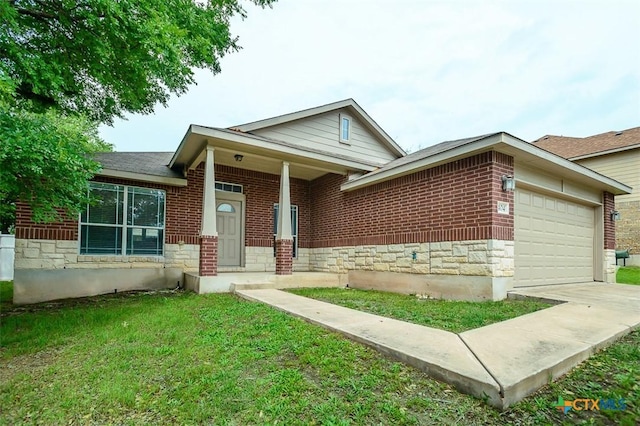 404 Chieftain Trl, Harker Heights, TX 76548 - ranch-style house with a garage, brick siding, a front lawn, concrete driveway, and stone siding