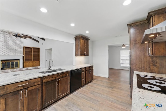 6022 Wildwind Dr, Windcrest, TX 78239 - kitchen featuring black appliances, a ceiling fan, a sink, light wood finished floors, and dark brown cabinetry