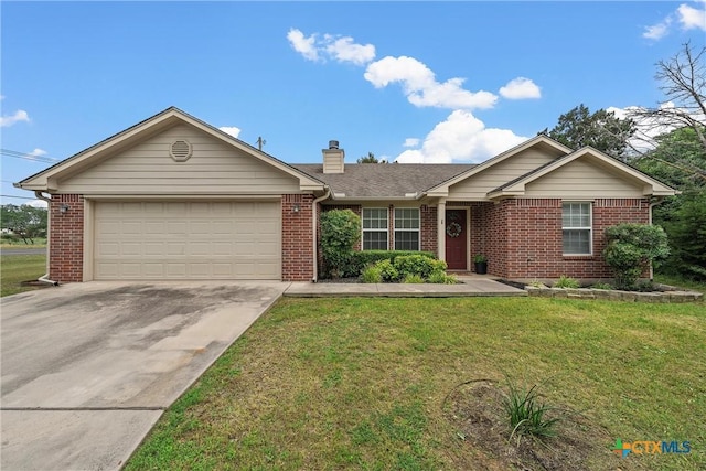 ranch-style home featuring a garage and a front yard