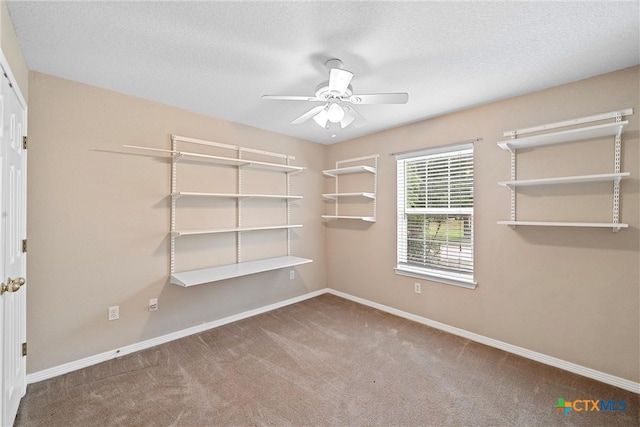 spare room with ceiling fan, carpet floors, and a textured ceiling