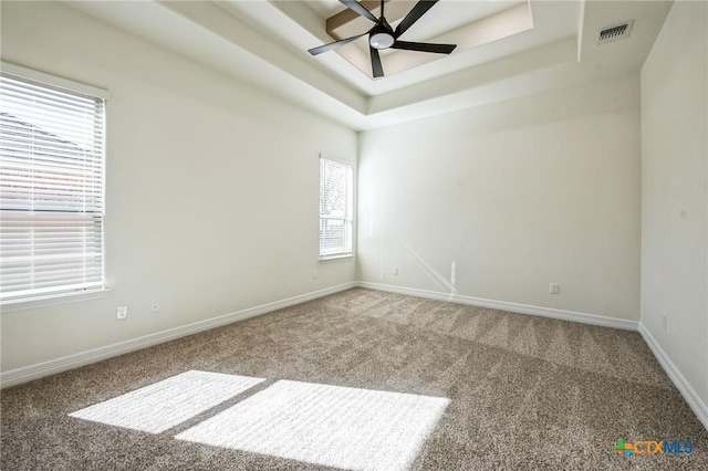 spare room with a raised ceiling, carpet floors, and ceiling fan