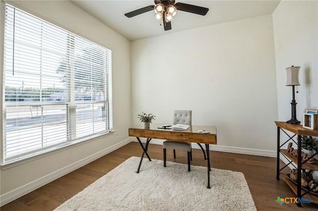 office area featuring dark hardwood / wood-style flooring and ceiling fan