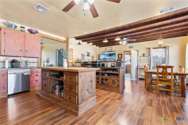 kitchen featuring dark wood-style flooring, stainless steel dishwasher, beamed ceiling, and visible vents