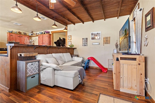 living area featuring wooden ceiling, visible vents, dark wood finished floors, and beam ceiling