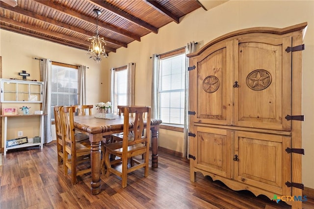 dining area with baseboards, dark wood-style floors, wood ceiling, beamed ceiling, and a notable chandelier