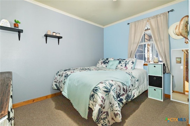 bedroom featuring ornamental molding, carpet flooring, and baseboards