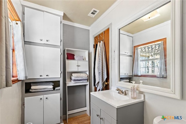 interior space with visible vents, wood finished floors, vanity, and crown molding