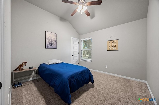 bedroom with ceiling fan, baseboards, carpet, and vaulted ceiling