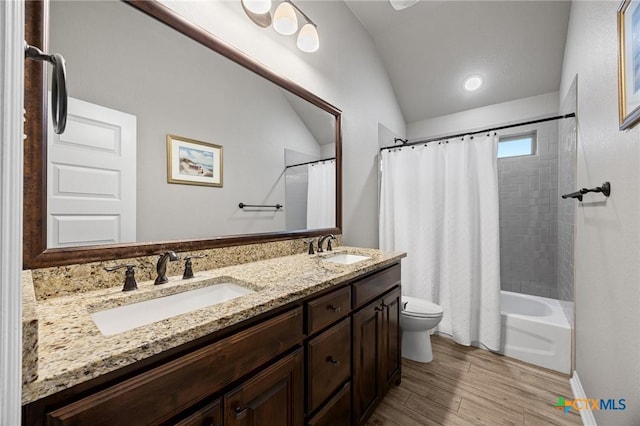 bathroom featuring toilet, wood finished floors, lofted ceiling, and a sink