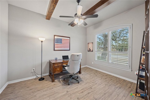 office area with beam ceiling, wood finished floors, baseboards, and ceiling fan