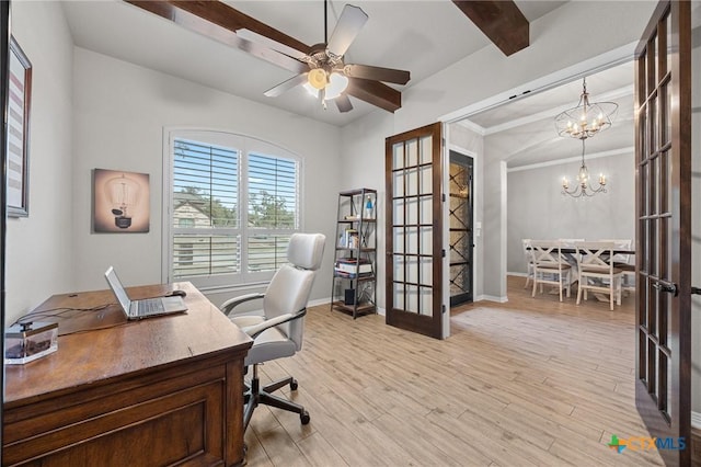 office featuring baseboards, light wood-style flooring, french doors, crown molding, and beamed ceiling