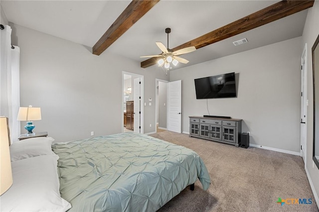 bedroom featuring visible vents, baseboards, beamed ceiling, carpet floors, and a ceiling fan