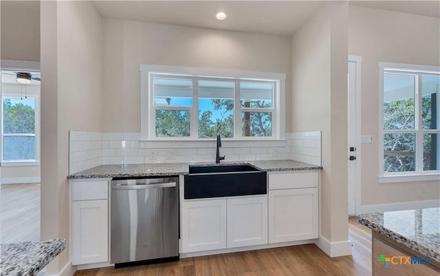 1435 Redwood Rd, Fischer, TX 78623 - kitchen with stainless steel dishwasher, a sink, plenty of natural light, and recessed lighting