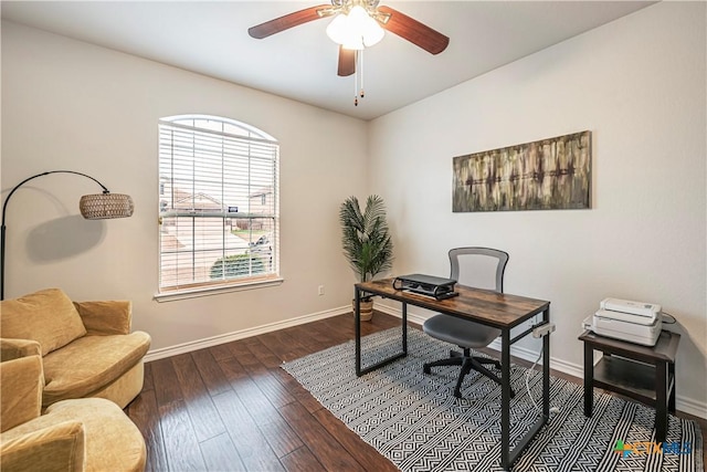 office area featuring dark hardwood / wood-style floors and ceiling fan