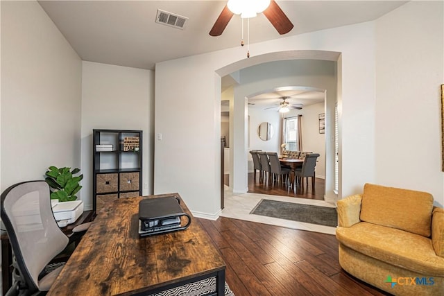 office area with ceiling fan and hardwood / wood-style floors