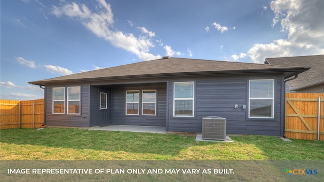 rear view of property featuring central AC unit, a patio, and a lawn