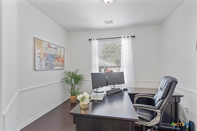2474 Santa Barbara Loop, Round Rock, TX 78665 - office featuring a wainscoted wall and dark wood-style flooring