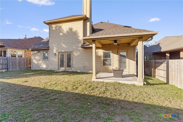 2474 Santa Barbara Loop, Round Rock, TX 78665 - rear view of property featuring a ceiling fan, french doors, a patio, and roof with shingles