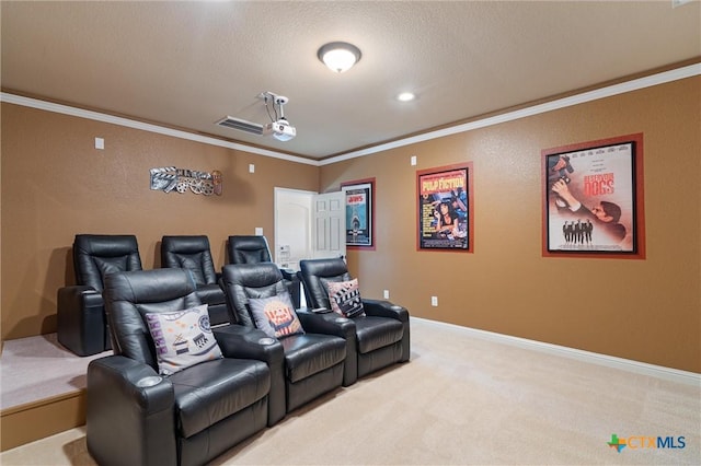 2474 Santa Barbara Loop, Round Rock, TX 78665 - cinema room with ornamental molding, light colored carpet, baseboards, a textured ceiling, and recessed lighting