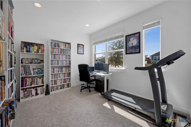 carpeted home office featuring baseboards and recessed lighting