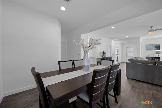 dining area featuring a ceiling fan, baseboards, wood finished floors, and recessed lighting