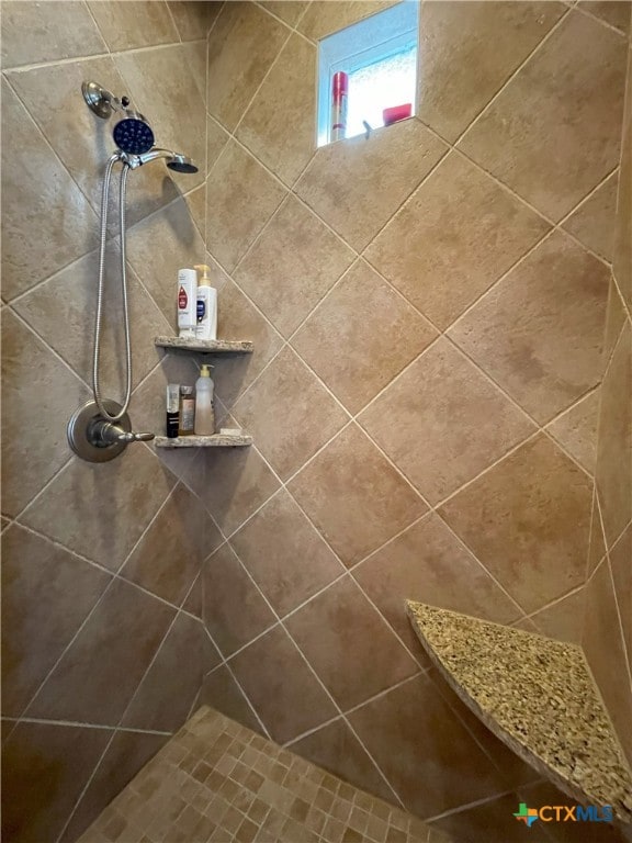 interior details featuring a tile shower