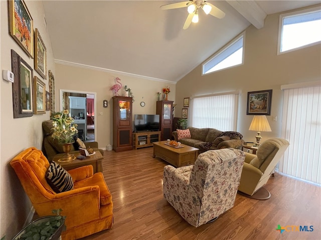 living room with ceiling fan, crown molding, wood-type flooring, beam ceiling, and high vaulted ceiling