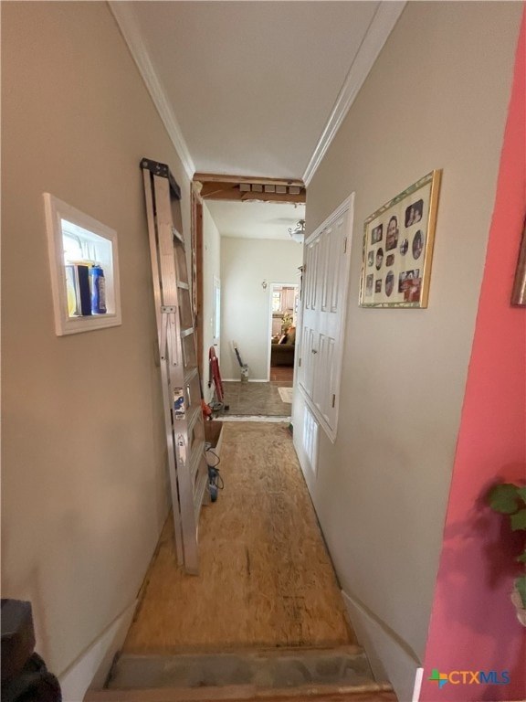 corridor featuring crown molding