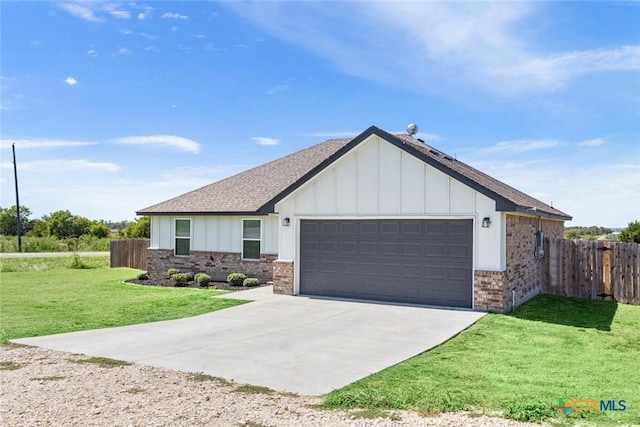 view of front of home with brick siding, concrete driveway, board and batten siding, a garage, and a front lawn