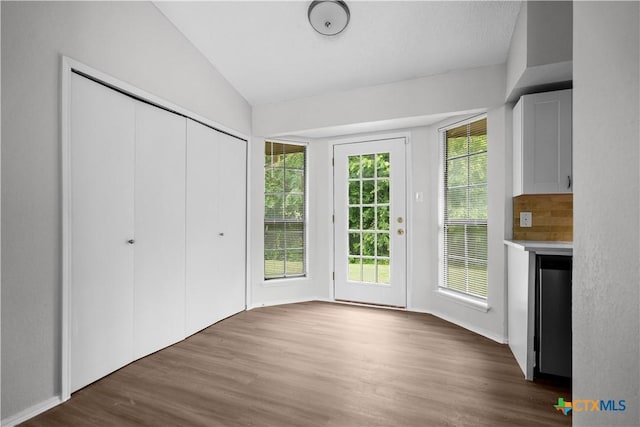 1709 Bobby Lee Dr, Killeen, TX 76549 - unfurnished bedroom featuring wood finished floors, lofted ceiling, access to exterior, and a closet