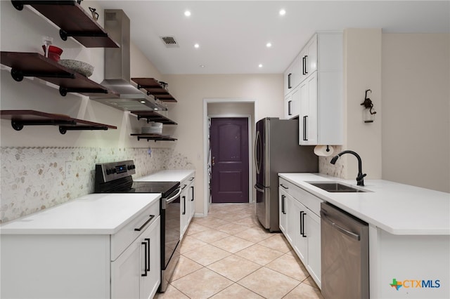 kitchen with visible vents, appliances with stainless steel finishes, white cabinetry, open shelves, and a sink