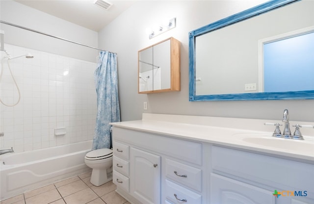 bathroom with shower / tub combo, visible vents, toilet, tile patterned floors, and vanity